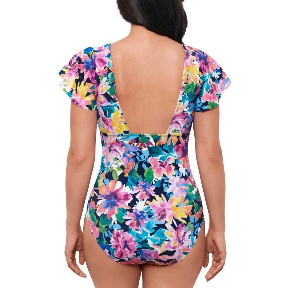 Swim Solutions Flutter-Sleeve Multicolor One-Piece Swimsuit Floral Print 14 - Picture 2 of 3